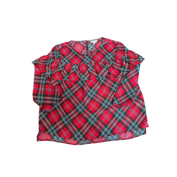 Crown & Ivy Womens Large Red Plaid Print Round Neck Ruffle Sleeve Blouse - Picture 1 of 4